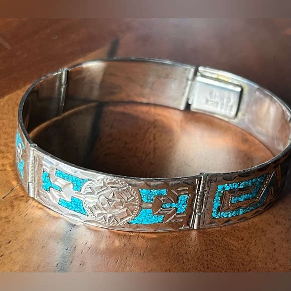 GM 10 MEXICO 925 STERLING SILVER TURQUOISE INLAY Hinge BRACELET 6.75” clasp 22g - Picture 2 of 16